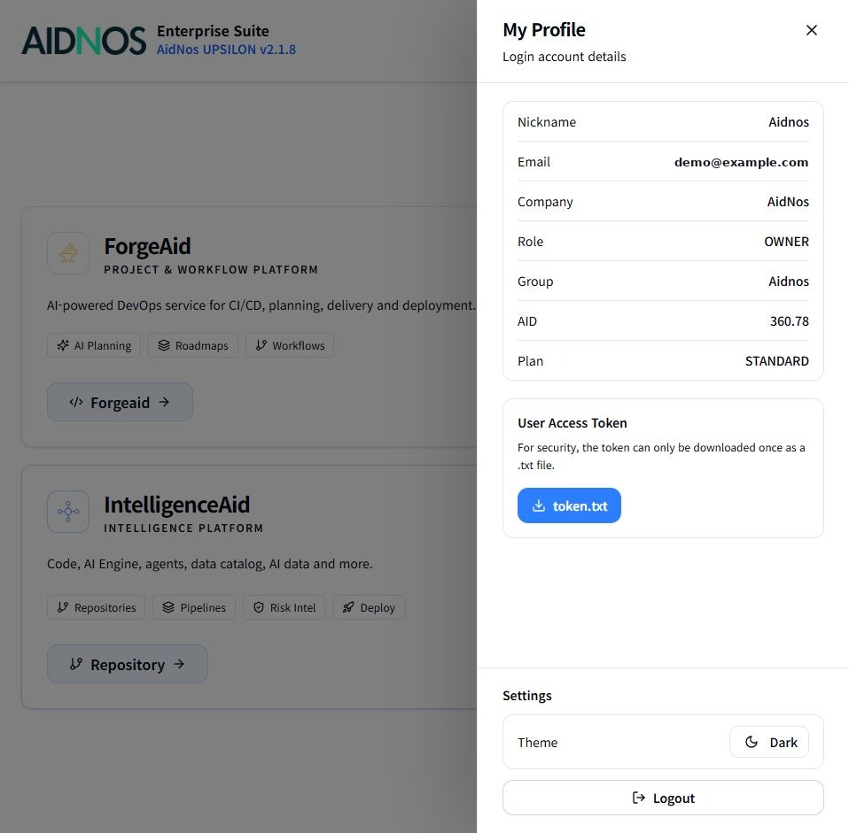 Nos Profile 화면. 계정 정보, Plan, User Access Token 발급 영역이 표시되어 있습니다.