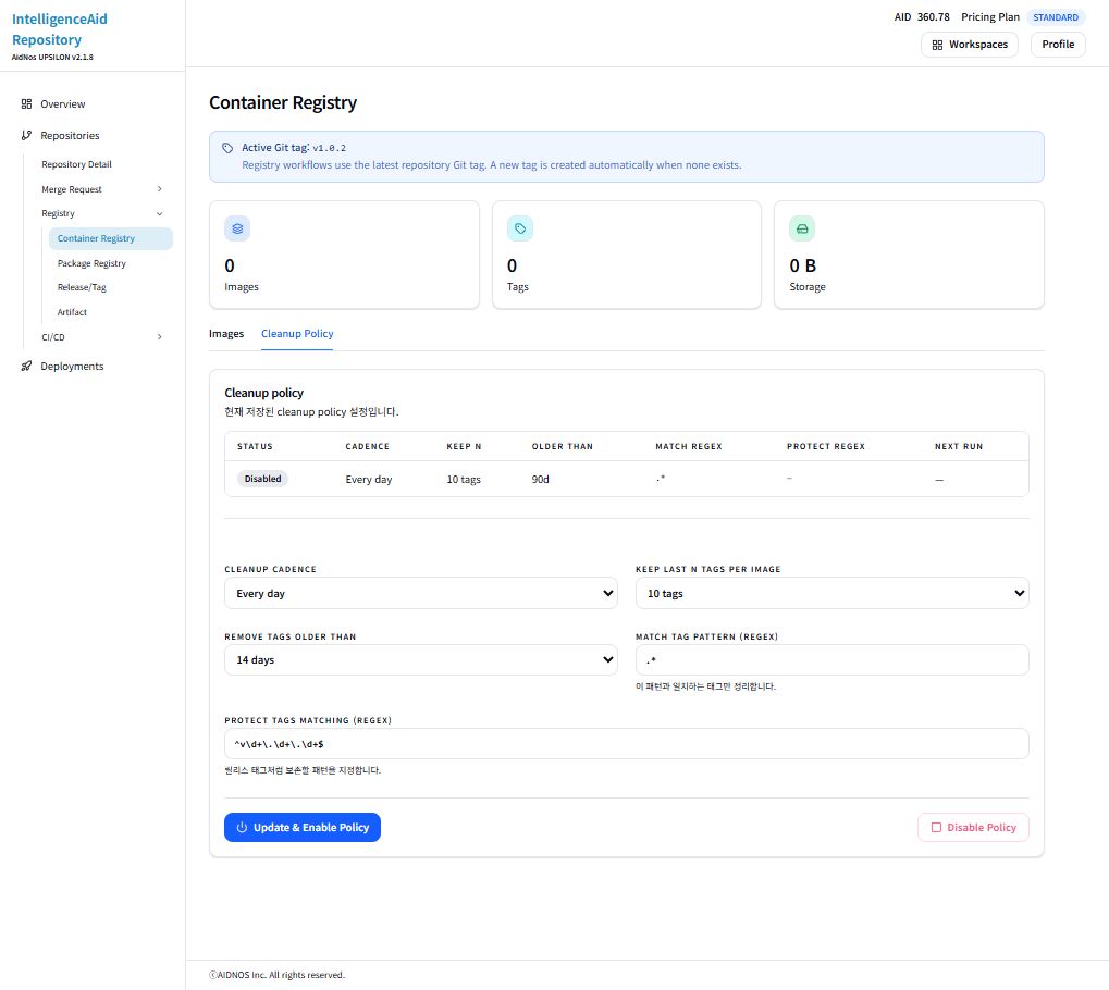 IntelligenceAid Container Registry 화면. Images, Tags, Storage와 Cleanup policy가 표시되어 있습니다.
