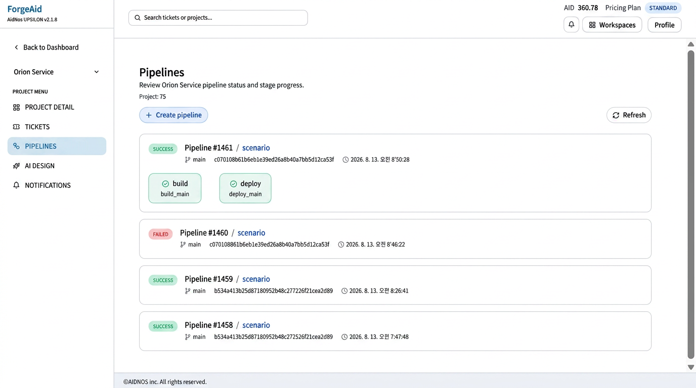 ForgeAid Pipelines 화면. 파이프라인 목록과 build, deploy 단계가 표시되어 있습니다.